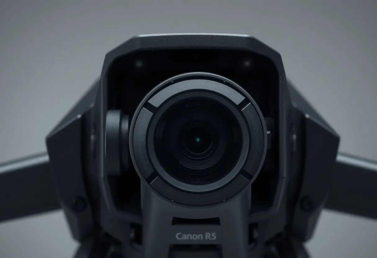 An extreme close-up of a military drone's advanced camera system reveals the intricate details in its construction. The strong studio lighting emphasizes the contrasting textures of matte black metal and reflective glass. Shot with a focused approach, this image captures the precision engineering behind modern military technology. Ideal for highlighting the importance of aerial surveillance capabilities.