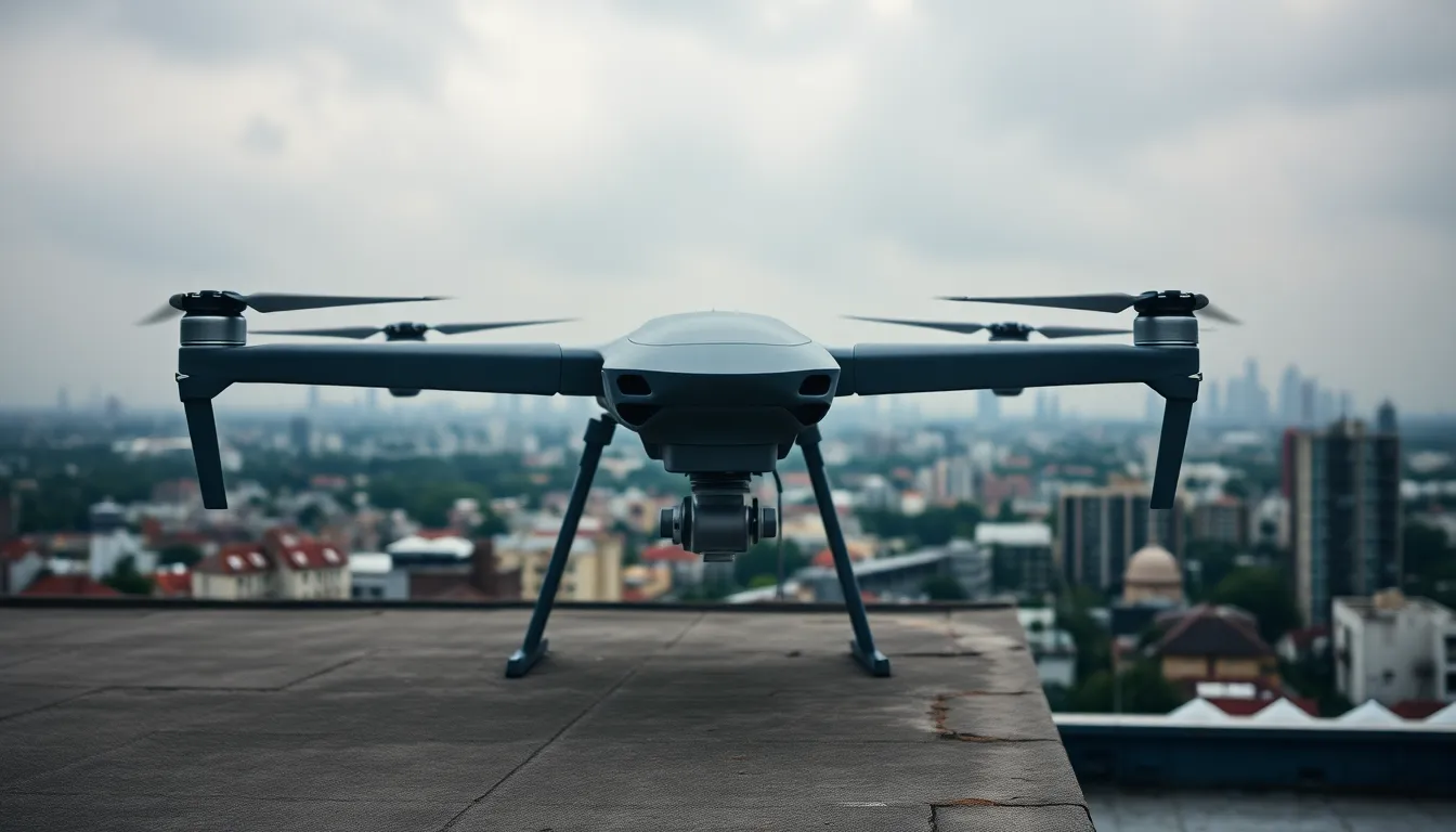 Military Drone on Rooftop with City Skyline