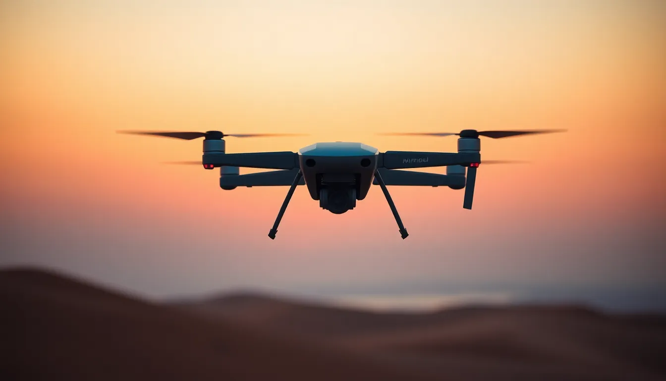 Military Drone Hovering at Twilight