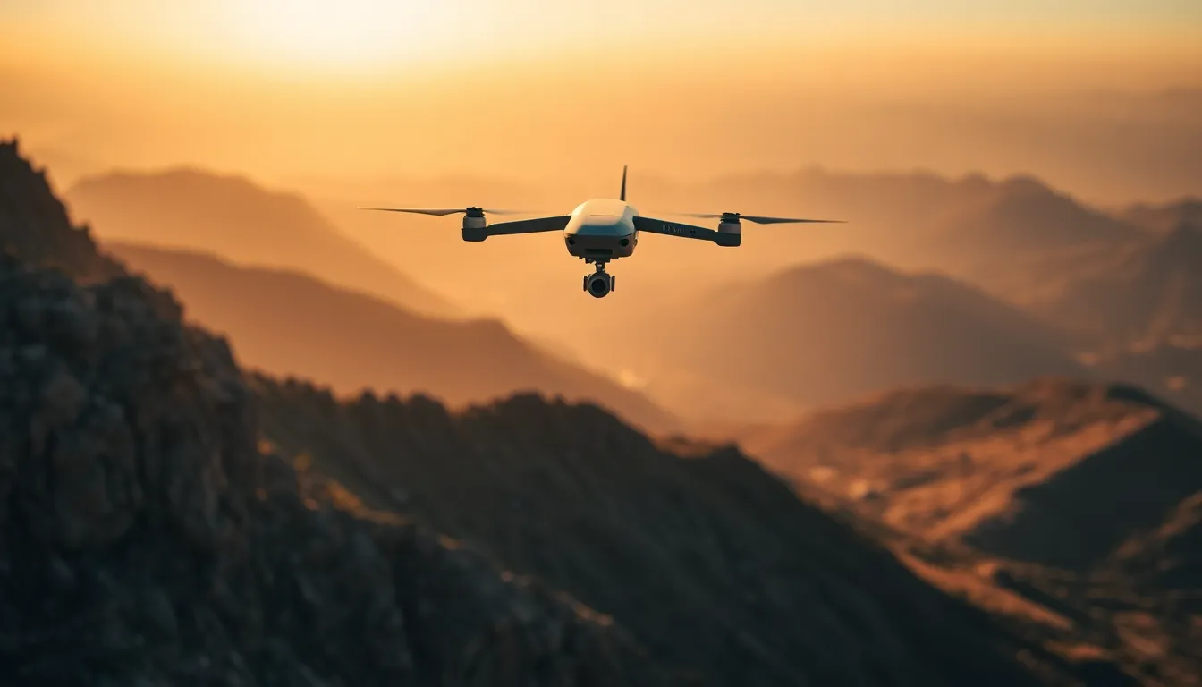 This stunning image captures a military drone gliding through a breathtaking mountainous landscape during golden hour. The warm sunlight casts a vibrant glow across the rocky terrain, highlighting its textures and shadows. With its strategically placed position in the frame, the drone commands attention against the expansive sky. The blend of warm earth tones and the smooth silhouette of the drone evokes a sense of power and technological advancement within natural beauty.