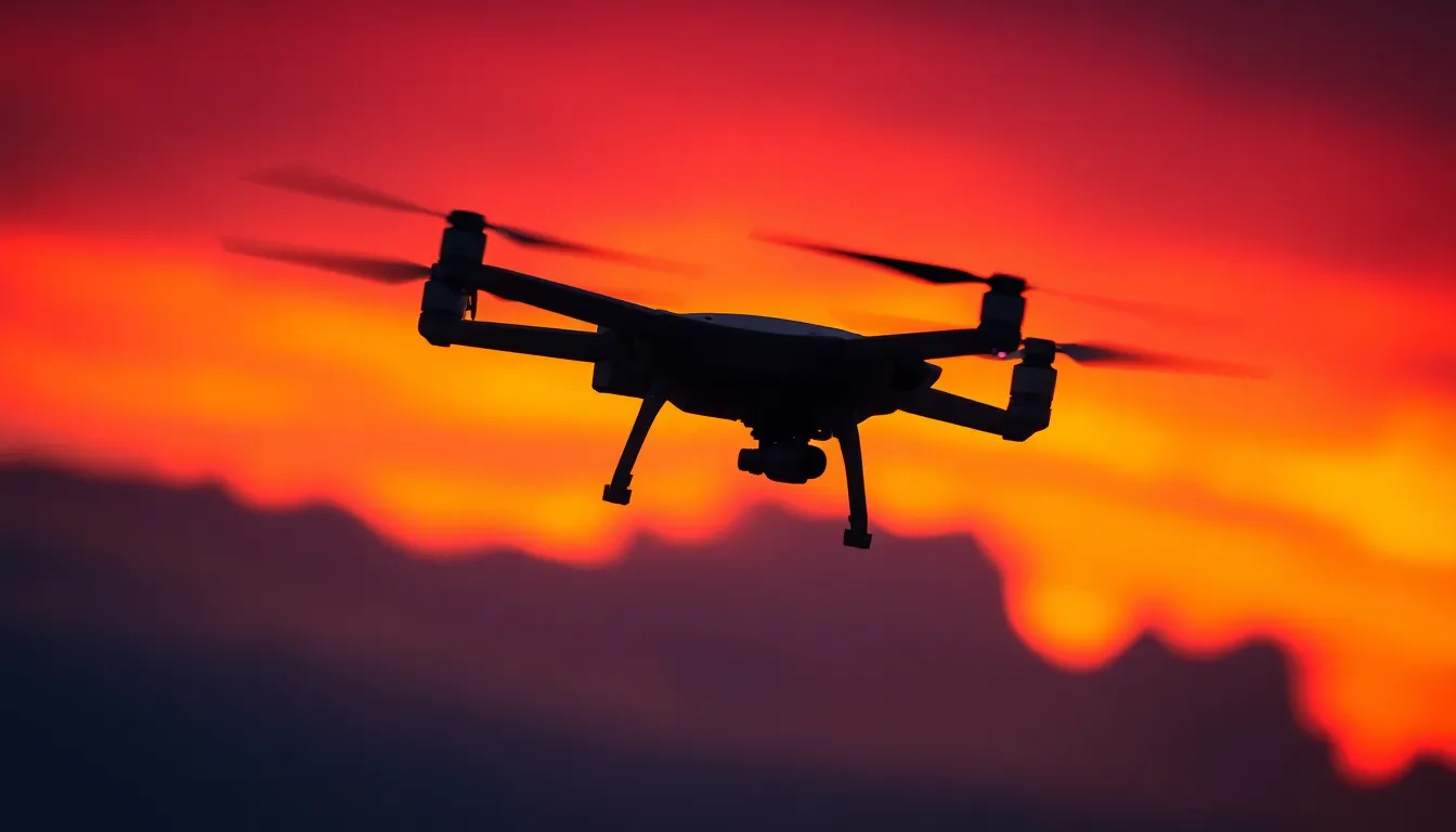 Military Drone Flying at Sunset This image captures a military drone flying majestically through a captivating sunset sky. Backlit by vibrant oranges and purples, the drone is sharply focused while the background blurs softly. The composition adheres to the rule of thirds, enhancing its dramatic presence. The warm tones evoke a sense of adventure and technology in harmony with nature.