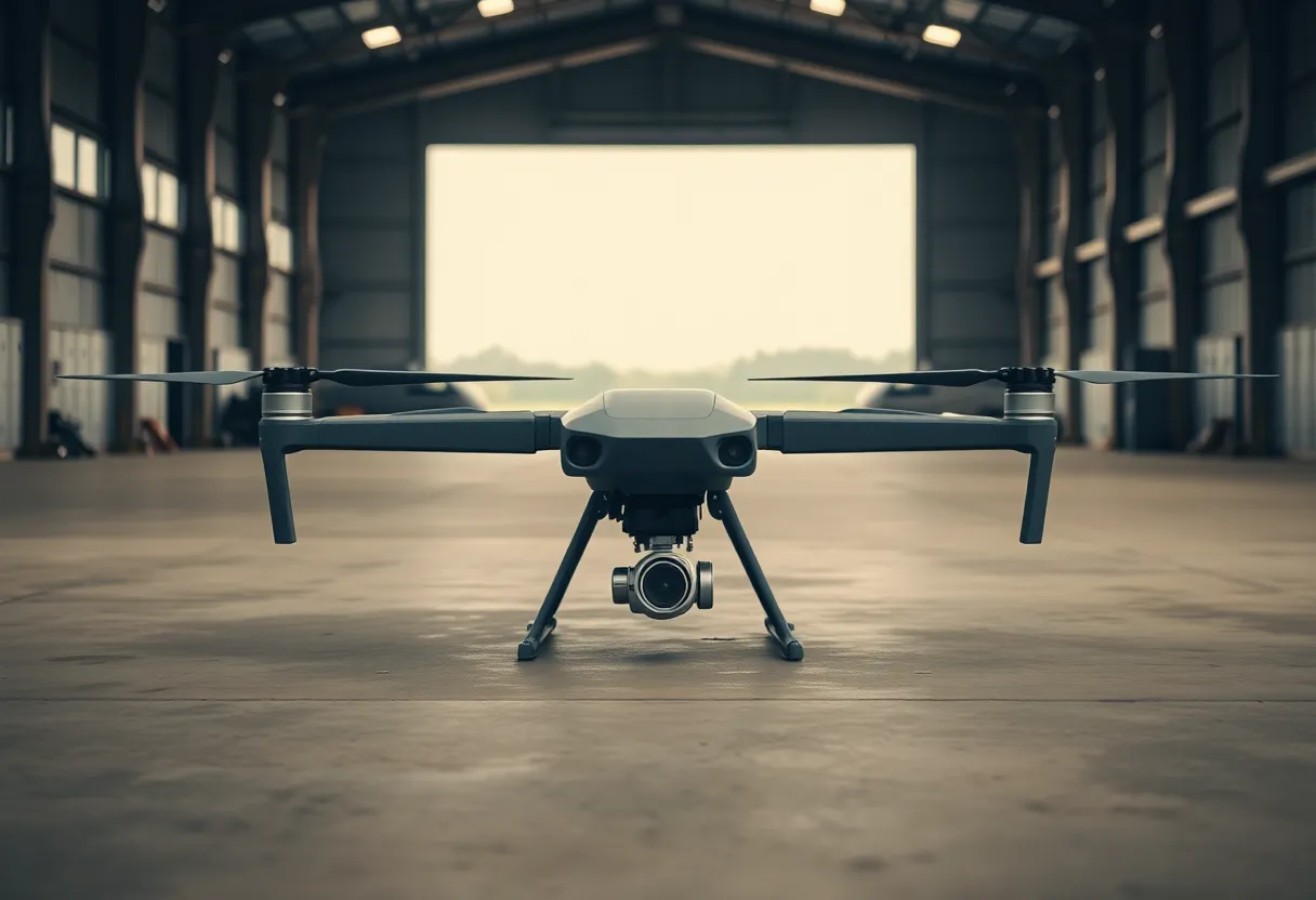 Inside a military hangar, a rugged drone rests on the concrete floor under soft overcast light. This scene captures the intricate details of the drone against the muted greys and greens of the environment. The symmetrical composition emphasizes the drone’s mechanical features, while the texture of the concrete provides a stark contrast, offering an authentic representation of military engineering and design.