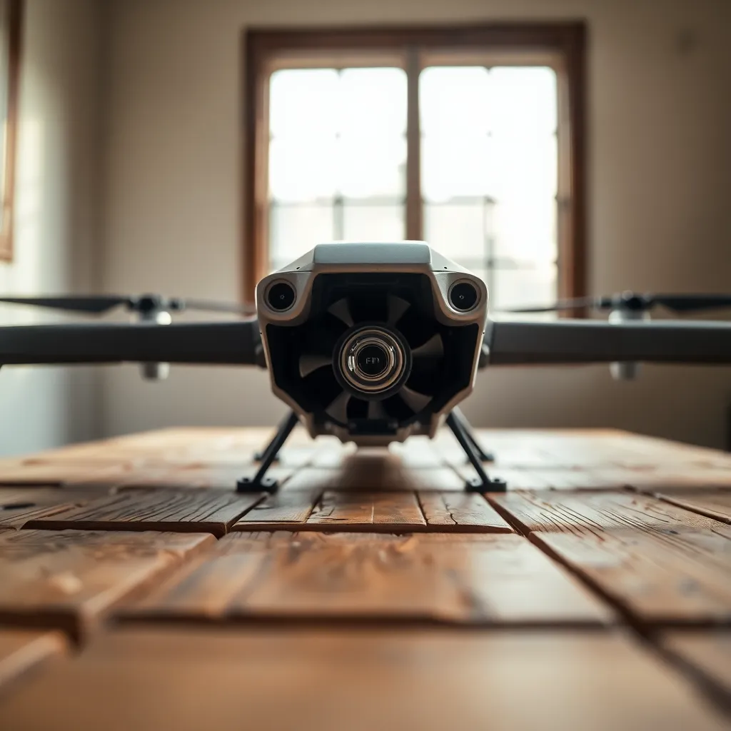 In a detailed close-up, the propeller of a military drone rests on a weathered wooden table, illuminated by soft daylight. The intricate design of the propeller contrasts beautifully with the rustic texture of the wood beneath it. The shallow depth of field creates a dreamy effect, drawing attention to the propeller while the background fades softly. This image emphasizes the blend of advanced technology and natural materials in a strikingly poignant manner.