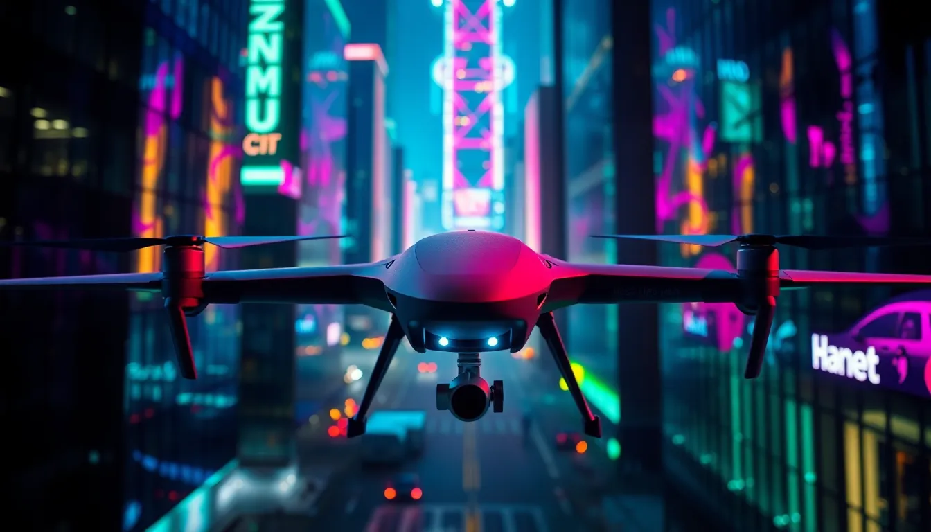 An eye-catching image of a military drone captured in a lively urban setting at night, with neon lights reflecting off surrounding buildings. The vibrant colors and dramatic lighting create a futuristic ambiance, with the drone standing out against the blurred cityscape. This innovative portrayal showcases the intersection of technology and urban life, making it ideal for themes of surveillance and modern warfare.