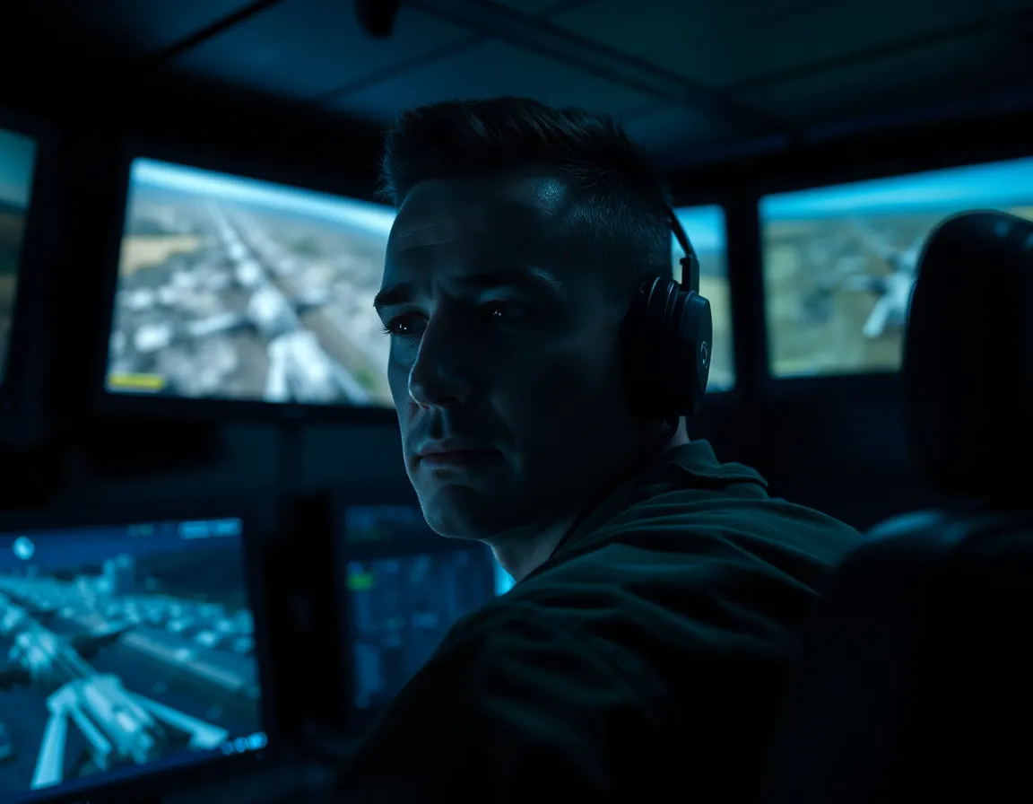 Inside a dimly lit control room, a military drone pilot meticulously monitors live footage from various screens. The blue and green hues cast an intense atmosphere as he appears deeply focused on the task ahead. Sharp detail from his expression contrasts with the blurred screens, showcasing the high-stakes environment of military surveillance. This image captures the intersection of advanced technology and human concentration in military operations.