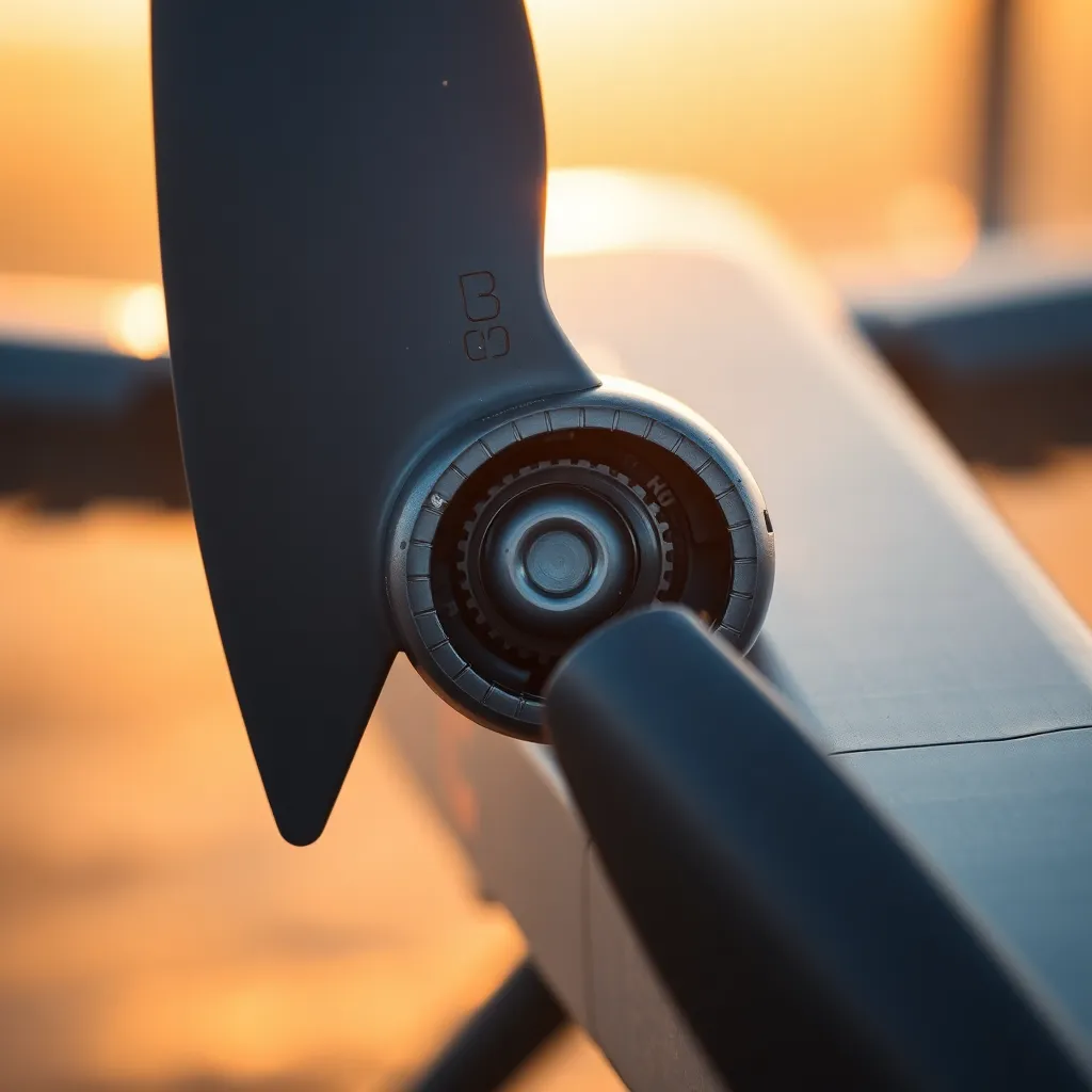 This image provides a striking close-up of a military drone's propeller in motion, revealing the complex engineering and craftsmanship involved in its design. Bathed in soft morning light, the metallic textures shine with a subtle sheen, while the blurred background accentuates the drone's intricate details. The cool color palette is balanced by warm highlights, creating a dynamic visual experience that highlights the technological sophistication of modern warfare.
