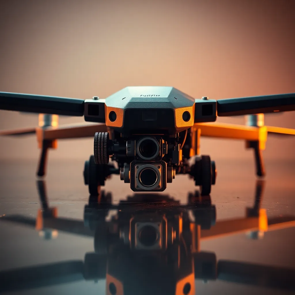 An exquisite close-up shot of a military drone, showcasing its intricate components against a reflective surface. Studio lighting captures the sharp details, revealing the complex engineering and design. The warm metallic tones are beautifully complemented by the soft bokeh background, creating an artistic perspective on military technology that merges functionality with aesthetics.