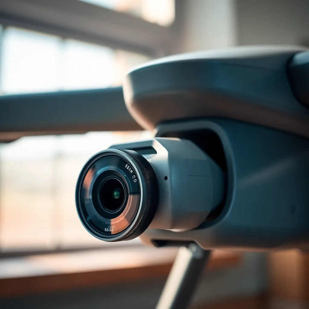 This striking close-up captures the intricate details of a military drone's camera, revealing its complex design and technological sophistication. Natural daylight filters through, casting soft shadows that enhance the texture of the drone's body and the lens. The muted color palette emphasizes the sleekness of the drone, while the shallow depth of field keeps the focus on the camera. This image serves to highlight the advanced capabilities of military drones in surveillance and reconnaissance.