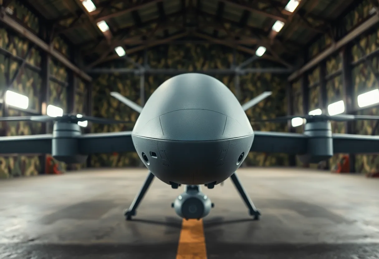 Military Drone in Camouflaged Hangar This image depicts a military drone nestled in a camouflaged hangar, illuminated by sharp overhead lights. The medium format captures intricate textures, showcasing the drone's design against the rugged backdrop. Muted tones enhance the earthy colors, conveying a sense of stealth and strategy. The centered composition emphasizes the drone's significant role in military operations.
