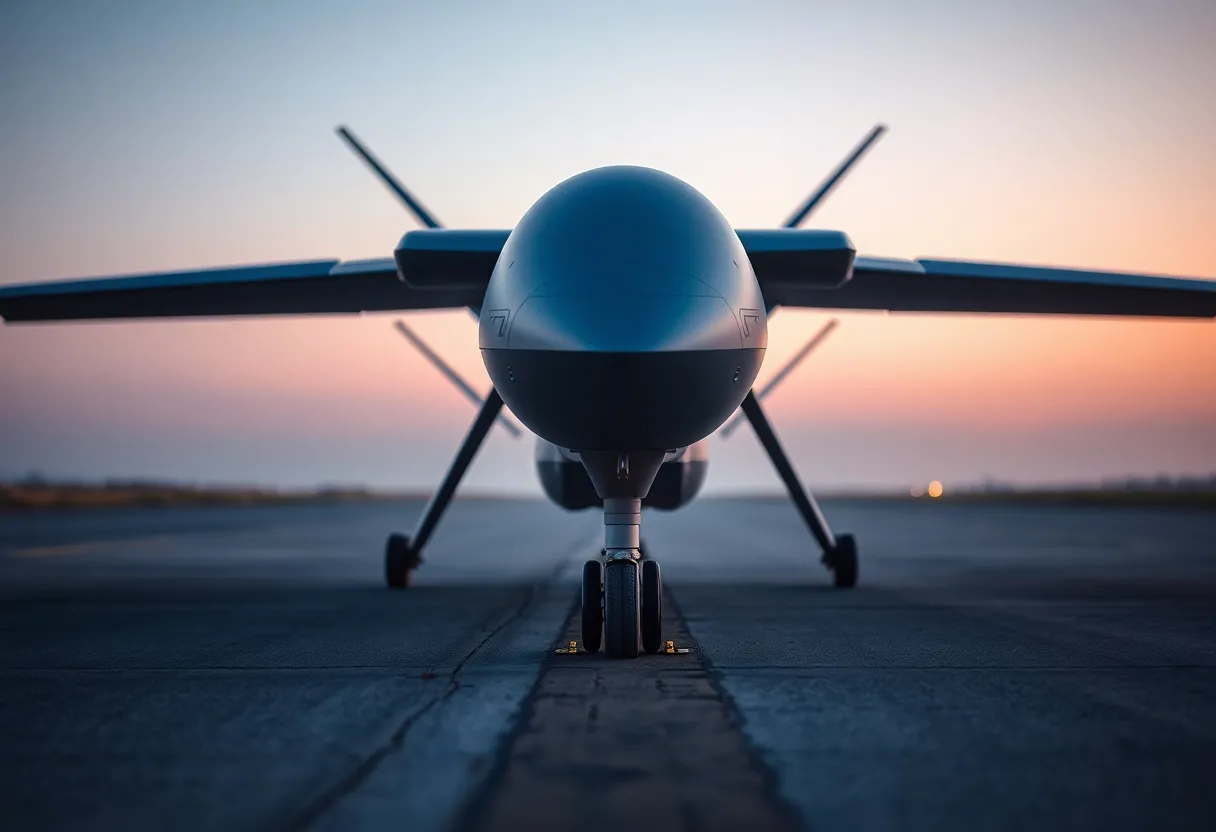This evocative image presents a military drone poised on the tarmac during dawn, bathed in a soft, cool blue light. The serene early morning atmosphere contrasts with the powerful presence of the drone, emphasizing its technological sophistication. Positioned off-center, the tarmac leads the viewer's eye toward the drone, enhancing the composition's depth. The interplay between the drone's metallic finish and the roughness of the tarmac tells a story of progress and readiness in military operations.