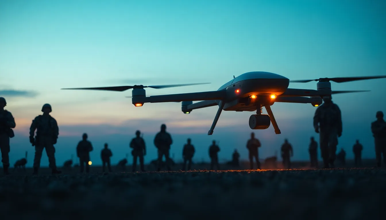 Military Drone Launching at Dawn This image portrays a military drone launching at dawn, surrounded by troops engaged in preparation. The cool blue hour light contrasts with the glowing drone, creating a striking visual. Everything is sharp due to hyperfocal distance, enhancing the scene's urgency. The composition features leading lines that guide the viewer’s gaze toward the drone, emphasizing action and readiness.