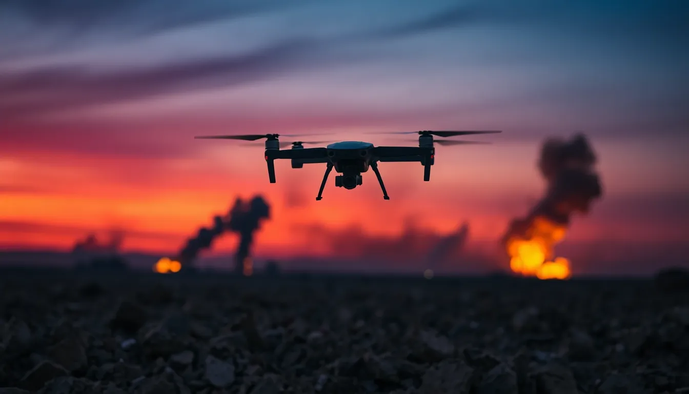 In this intense image, a military drone is seen soaring over a battlefield at dusk, where smoke billows from recent explosions. The dramatic sky, filled with deep purples and fiery oranges, sets a poignant backdrop, conveying tension and urgency. The leading lines of smoke guide the viewer's eye towards the drone, emphasizing its critical role in modern warfare. Rich textures of the battlefield rubble enhance the realism and emotional weight of this powerful military scene.