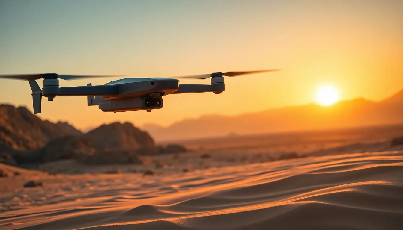 A military drone soars above a vast desert landscape during the golden hour, casting dramatic shadows on the sand below. The metallic body of the drone glistens in the warm light, while distant mountains fade softly in the background. The warm earth tones dominate the image, creating a serene yet powerful atmosphere. This striking scene highlights the advanced technology of military drones in a beautiful natural setting.