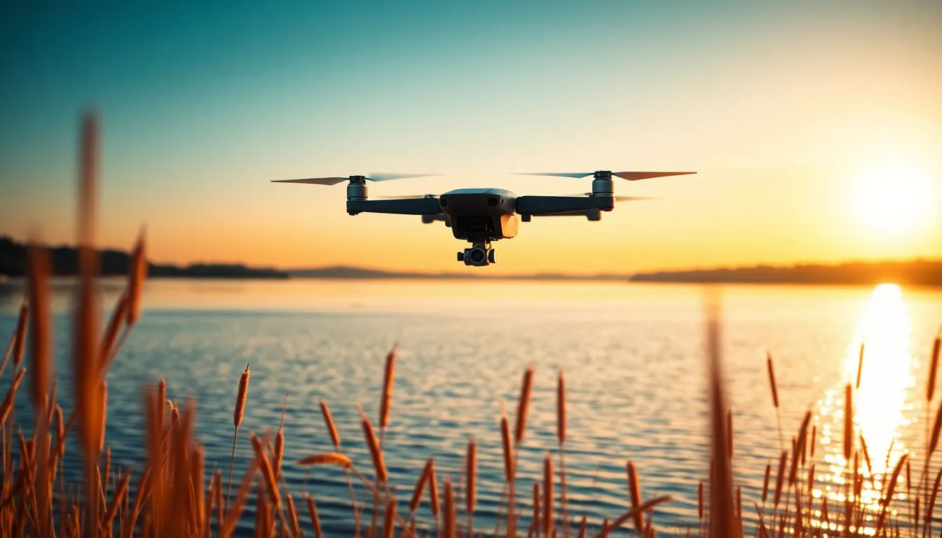 A serene image of a military drone gracefully flying over a tranquil lake during sunset, with warm golden light creating stunning reflections on the water's surface. The soft colors of the sky blend beautifully with the peaceful surroundings, while the shallow depth of field isolates the drone in focus. This setting captures a unique contrast between military technology and natural beauty.