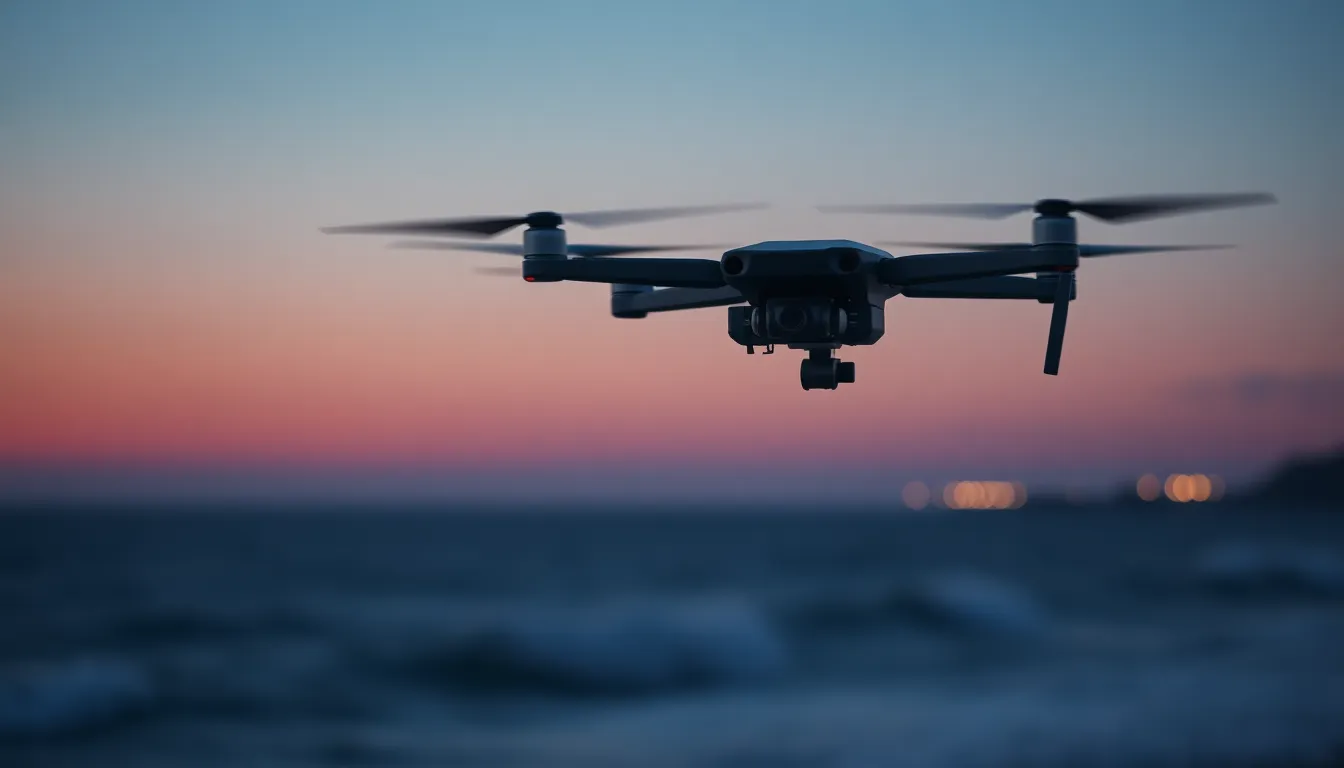 Military Drone in Action Over Coastline