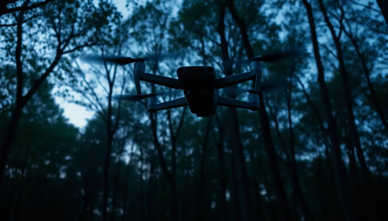 An evocative image of a military drone hovering stealthily above a dense forest at twilight, where cool hues of blue and purple dominate the scene. The magical atmosphere is enhanced by dappled sunlight filtering through the foliage, with a Dutch angle adding a sense of movement and urgency. The shallow depth of field keeps the drone in sharp focus while the surrounding forest melts softly into an artistic blur, highlighting the technology's contrast against nature.