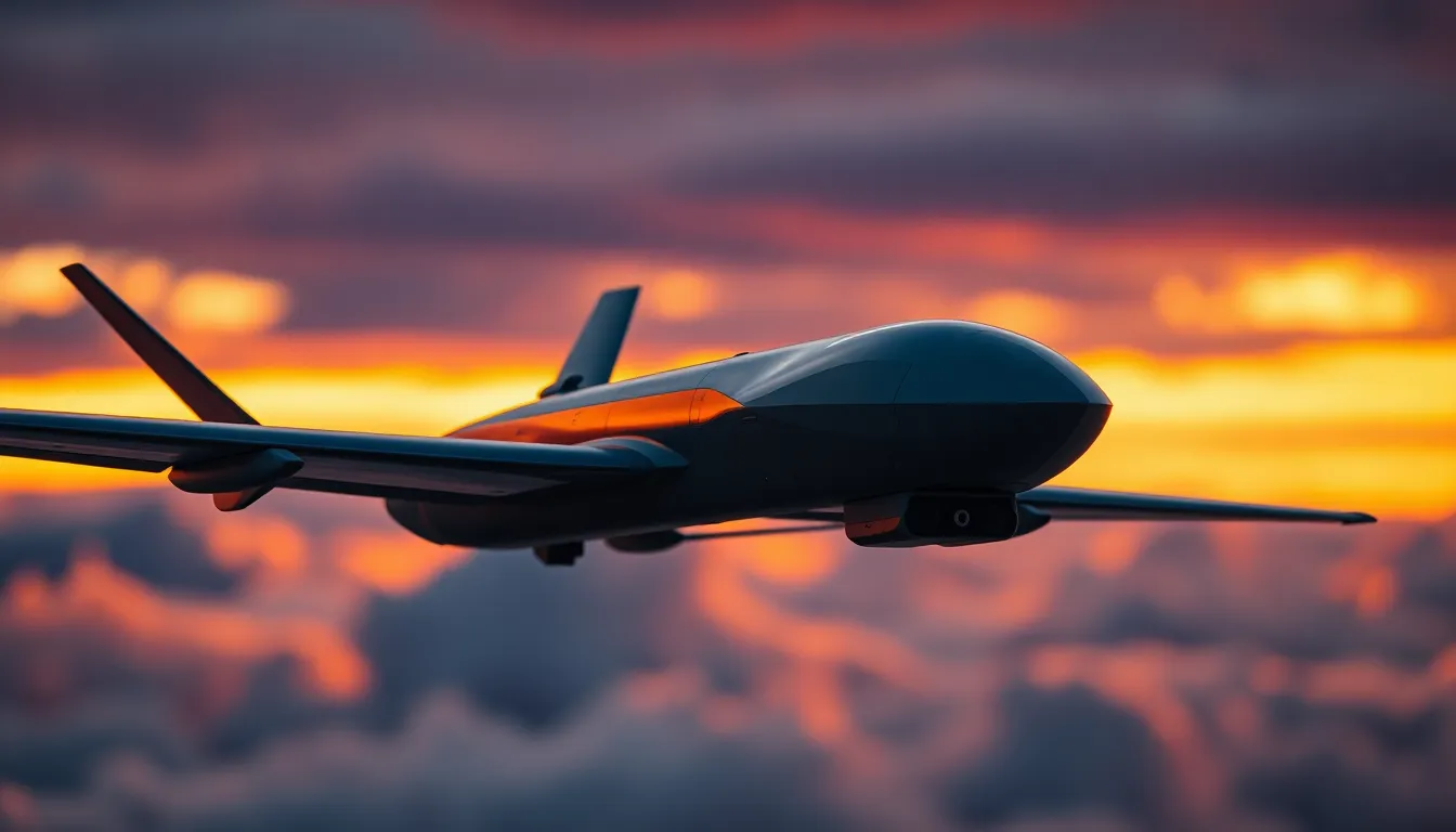 Military Drone Over Desert Landscape at Sunset