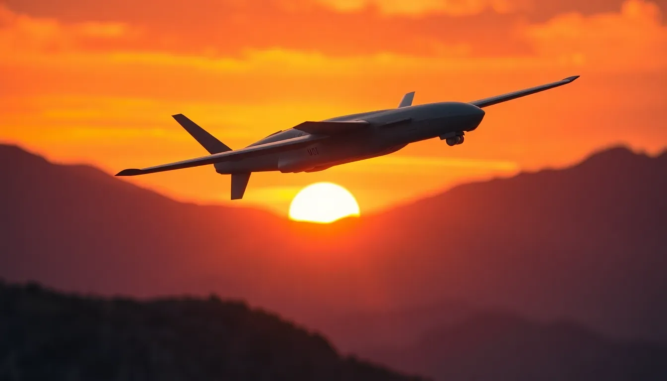 Military Drone in Sunset Flight