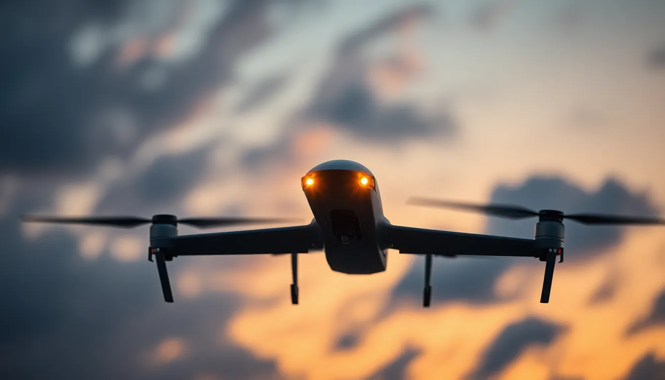 A striking image of an advanced military drone captured in a dramatic dusk setting. The clouds are rendered in rich hues of blue and orange, contrasting beautifully with the sleek design of the drone. Shallow depth of field isolates the subject, while the moody sky adds a sense of tension and anticipation. Ideal for showcasing military technology and aerial capabilities.