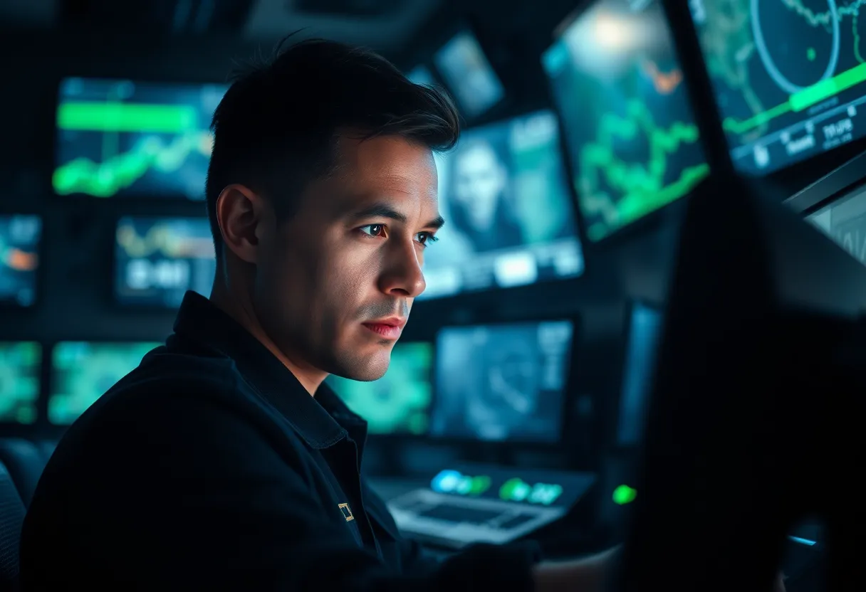 A military drone descends gracefully in a vibrant urban environment at twilight, framed by the warm glow of streetlights. The smooth metallic surface of the drone is emphasized in sharp focus against a beautifully blurred city backdrop. The soft pastel colors of the evening sky create a serene yet futuristic vibe. This striking image captures the essence of modern technology against a backdrop of urban life.