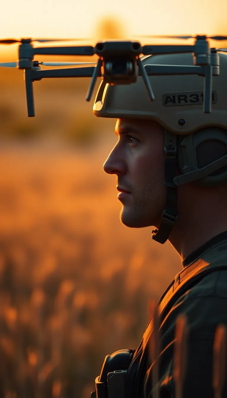 A focused military drone operator stands in a lush green field, illuminated by the warm light of the setting sun. The drone hovers effortlessly in the air, showcasing the dynamic relationship between technology and human skill. With a warm color palette and soft background, this scene conveys a sense of dedication and expertise, capturing the essence of modern military operations.