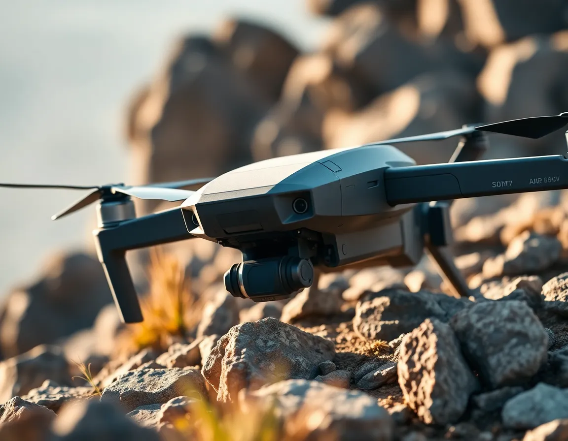 Close-Up of Military Drone on Terrain This close-up shot highlights a military drone on rugged terrain, showcasing its intricate mechanical details. Soft afternoon light creates gentle highlights on the drone’s matte surface, while a shallow depth of field elegantly blurs the rocky background. The muted gray and earth tones reflect a tactical aesthetic, emphasizing the drone’s presence in a natural setting.