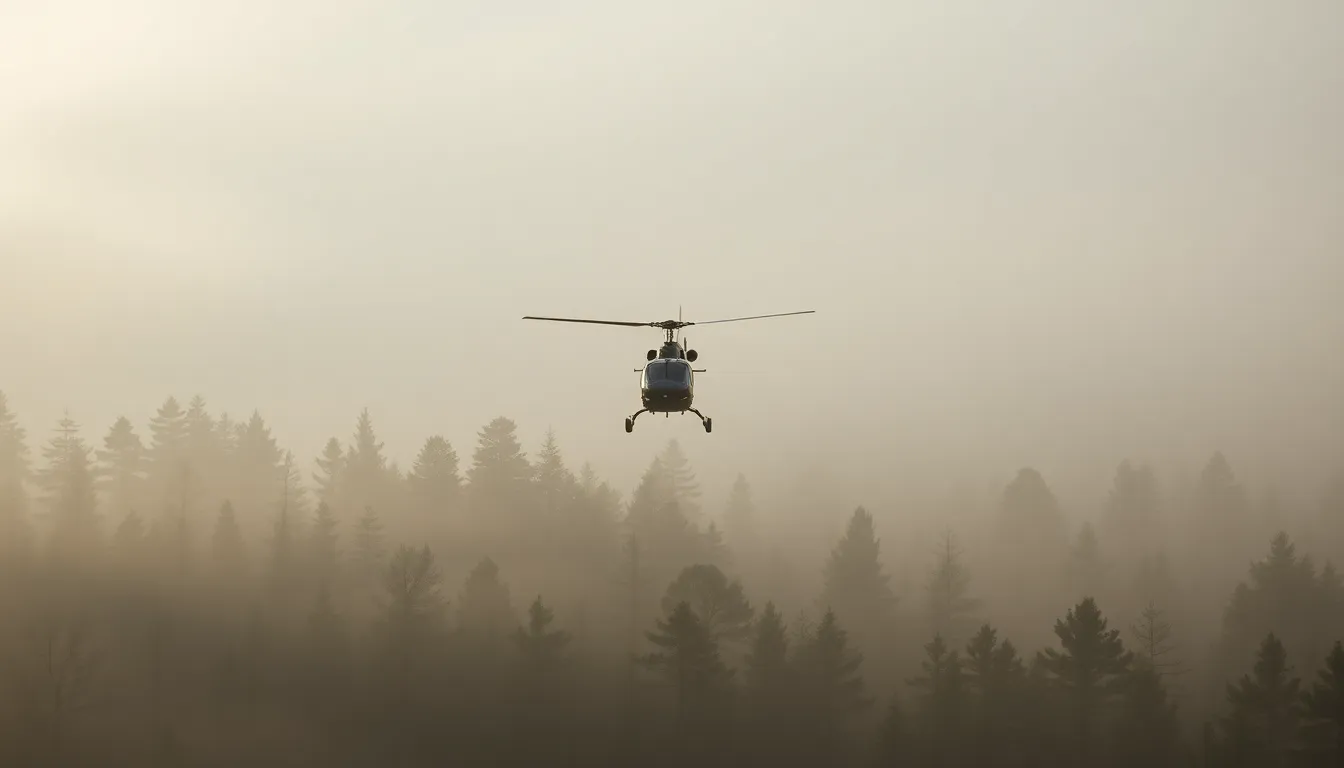 This captivating image showcases a Bell UH-1 Iroquois helicopter soaring above a dense, foggy forest at dawn. The soft morning light diffuses through the mist, creating an ethereal and tranquil atmosphere. The natural muted tones reflect the peaceful surroundings, while the helicopter’s presence adds a dynamic element. The well-composed scene uses leading lines from the tree canopy, guiding the viewer's gaze toward the aircraft, encapsulating the essence of military aviation in nature.