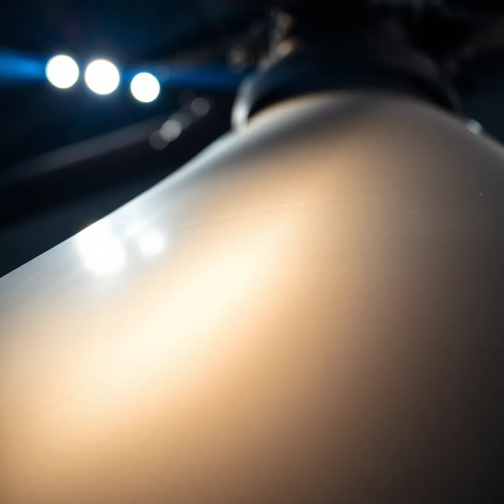 This striking close-up image showcases a military helicopter's rotor blade shining under studio lights. The meticulous reflections on the polished metal surface highlight the craftsmanship and engineering of the rotor. Utilizing softbox lighting creates a dramatic presentation, while the shallow depth of field pulls focus to the intricate details. The warm color palette complements the metallic textures, making this photograph ideal for emphasizing military precision and technology.