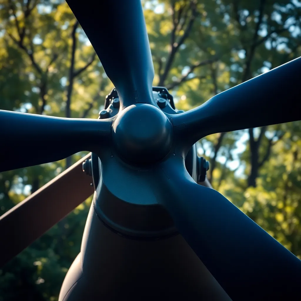 This striking close-up image focuses on the rotor blades of a military helicopter, showcasing intricate mechanical details. Sunlight filters through surrounding trees, casting dynamic shadows that dance across the metallic surfaces. The sharp focus on the blades against a softly blurred backdrop enhances the sense of depth, while the rich color tones evoke a rugged, industrial aesthetic. Centered composition draws the viewer into the intricacies of this vital component of aviation technology.