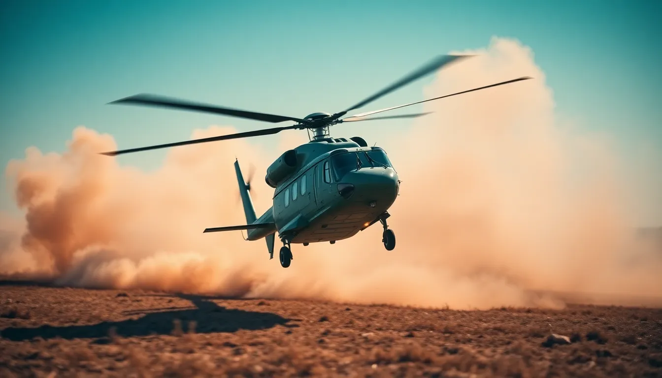 This thrilling image captures a Eurocopter Tiger helicopter in action during a military exercise, soaring over a field with explosive smoke in the background. The harsh midday sunlight backlights the scene, highlighting the contrast between the helicopter's military green paint and the dry earth below. With a shallow depth of field that creates a dramatic bokeh effect, the image emphasizes the intense action of the moment. The dynamic diagonal composition enhances the sense of movement, making it a powerful depiction of military prowess.