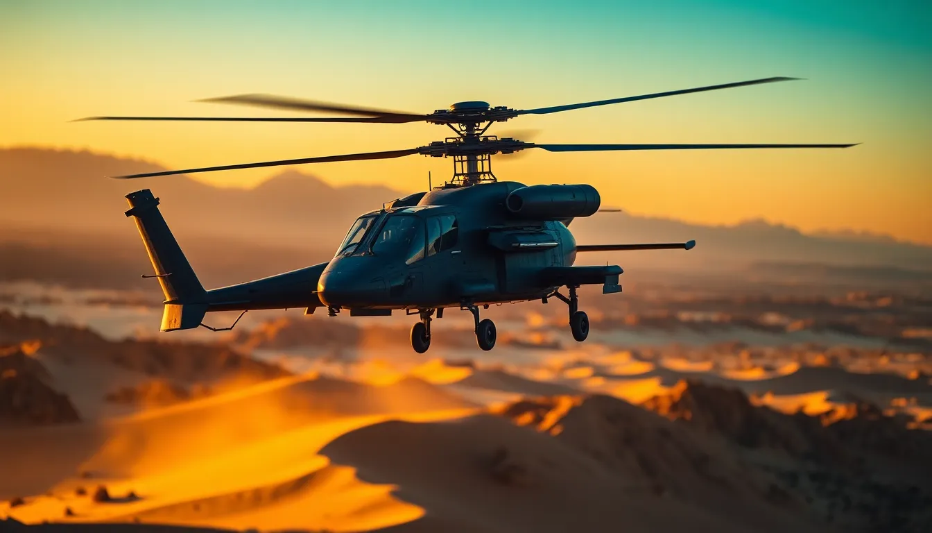 This stunning photo captures an AH-64 Apache helicopter hovering over a rugged desert landscape during sunset. The warm golden light highlights the helicopter's sleek design, while the blurred background of mountains and sand adds depth. With a cinematic teal and orange color grading, the image evokes a sense of intensity and adventure. The thoughtful composition ensures a dynamic viewing experience, showcasing military aviation in its element.