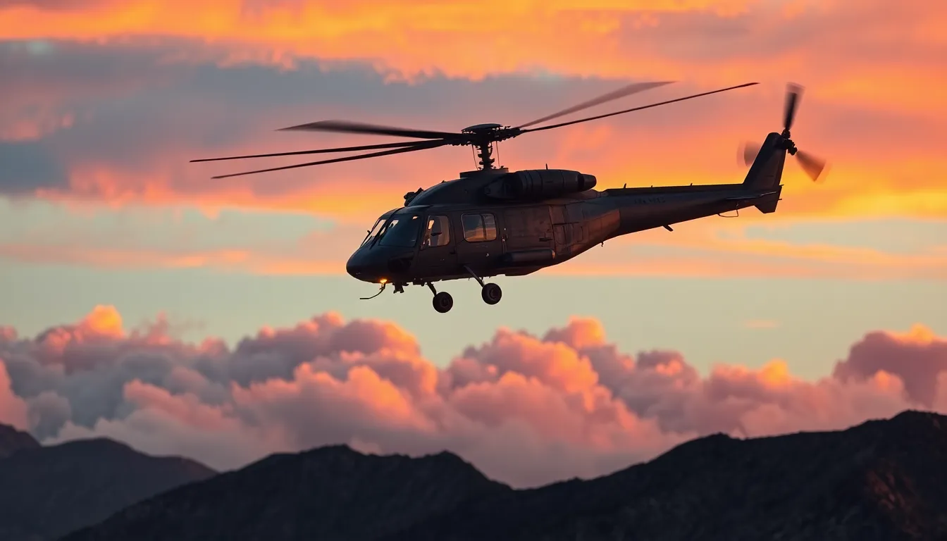 Military Helicopter Above Mountains at Sunset