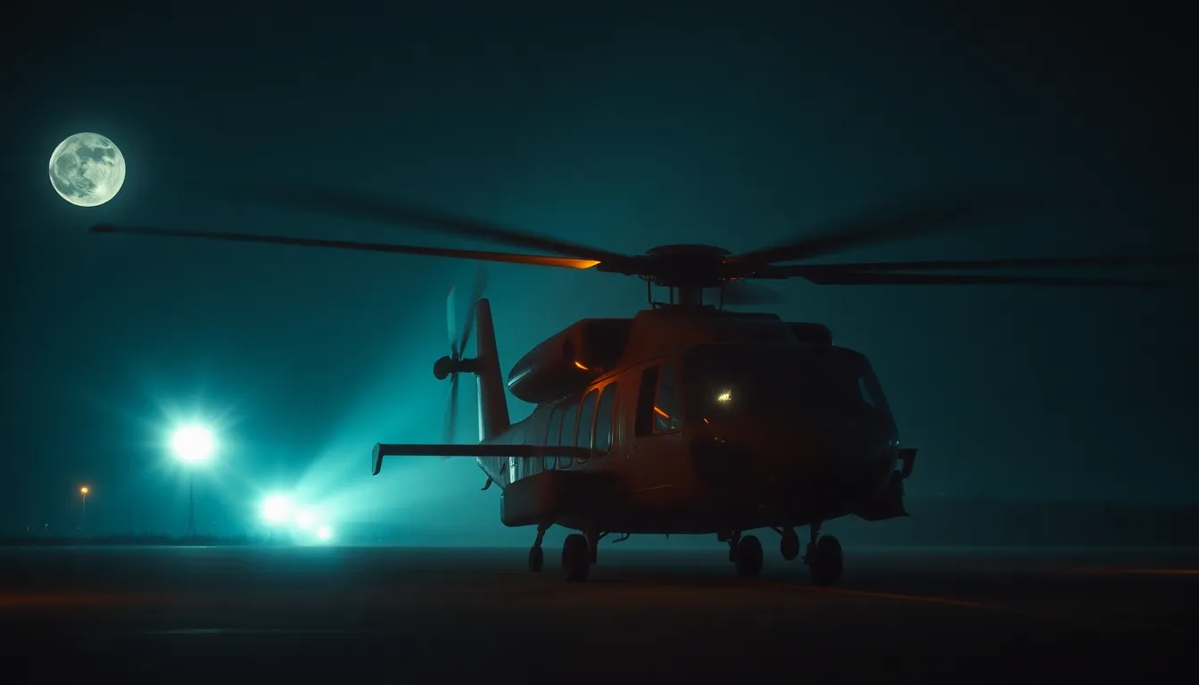 This dramatic image portrays a military helicopter engaged in night operations, illuminated by a mix of moonlight and floodlights. The interplay of shadows and highlights creates a sense of urgency and mystery. With a shallow depth of field, the helicopter stands out sharply against the dark surroundings, evoking the thrill of military action. The cinematic color grading enhances the intrigue of the scene, while leading lines guide the viewer’s focus towards the aircraft in preparation for its mission.