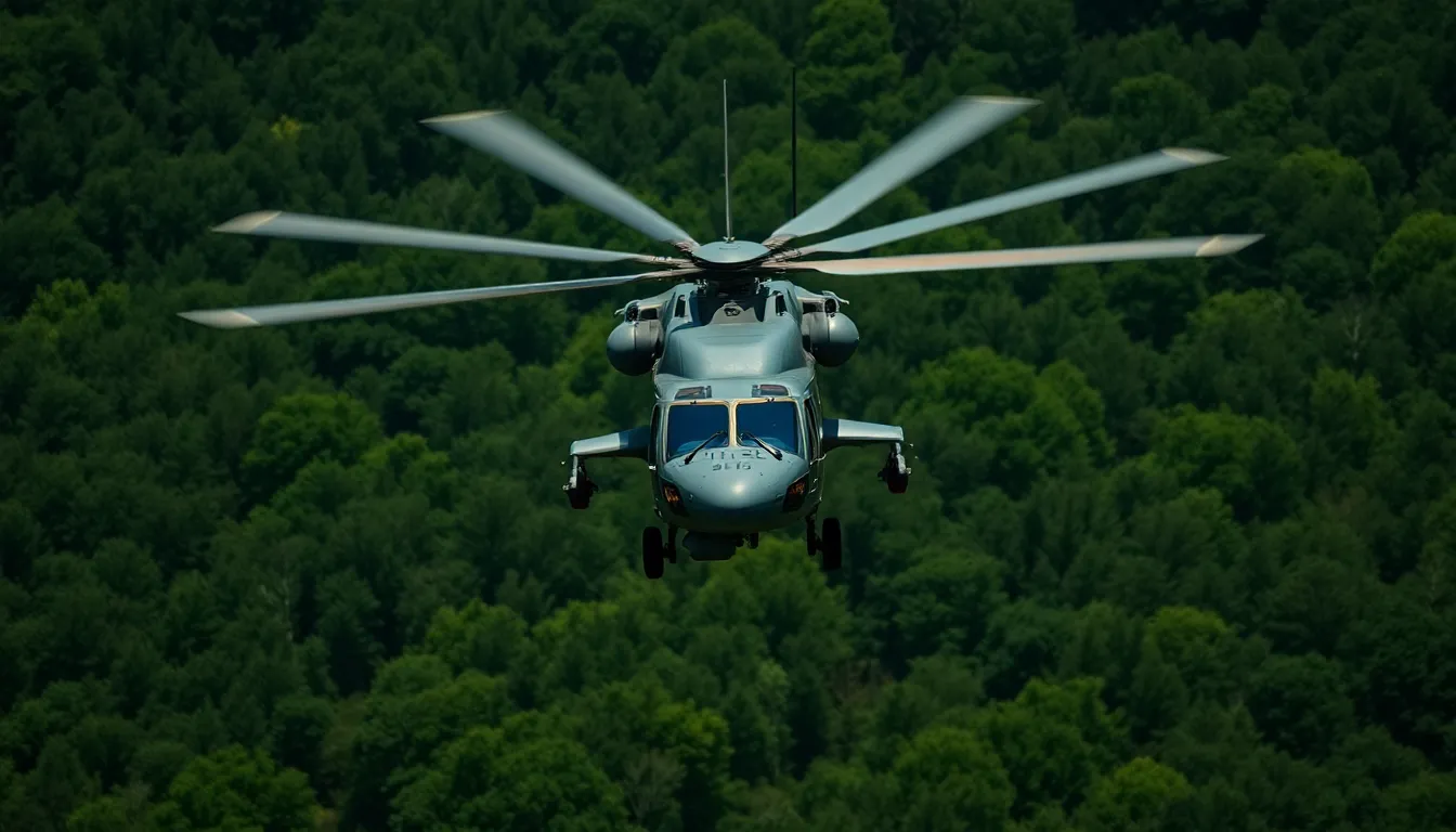 Military Helicopter Flying Over Dense Forest