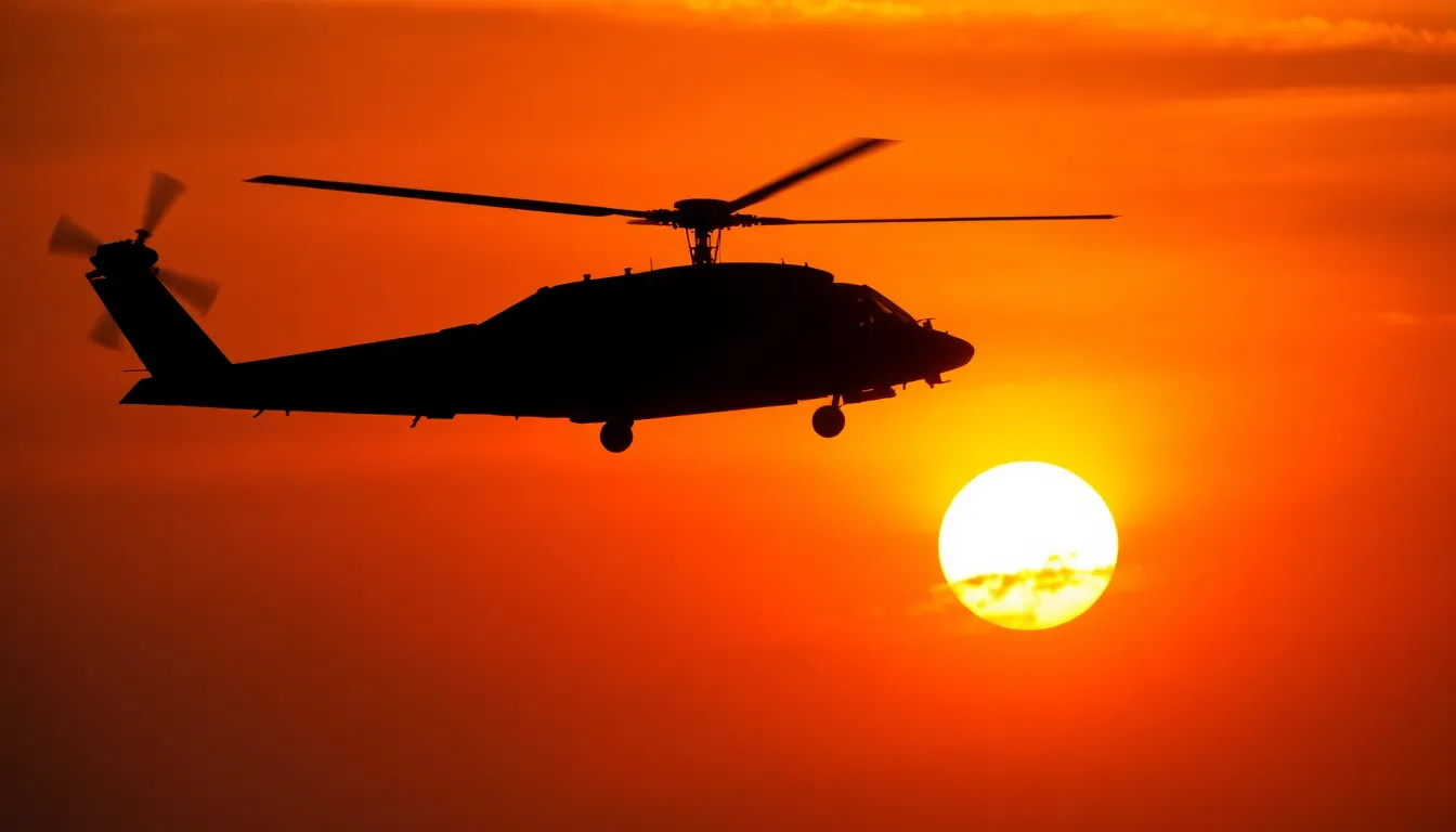 This dynamic image captures a military helicopter soaring through a fiery sunset sky. The warm golden light enhances the dramatic silhouette of the helicopter, while wisps of clouds create an engaging background. Shot during the golden hour, the colors transition from deep oranges to rich reds, invoking a sense of action and adventure. The composition highlights the helicopter's power and agility in flight, making it a striking representation of military aviation.