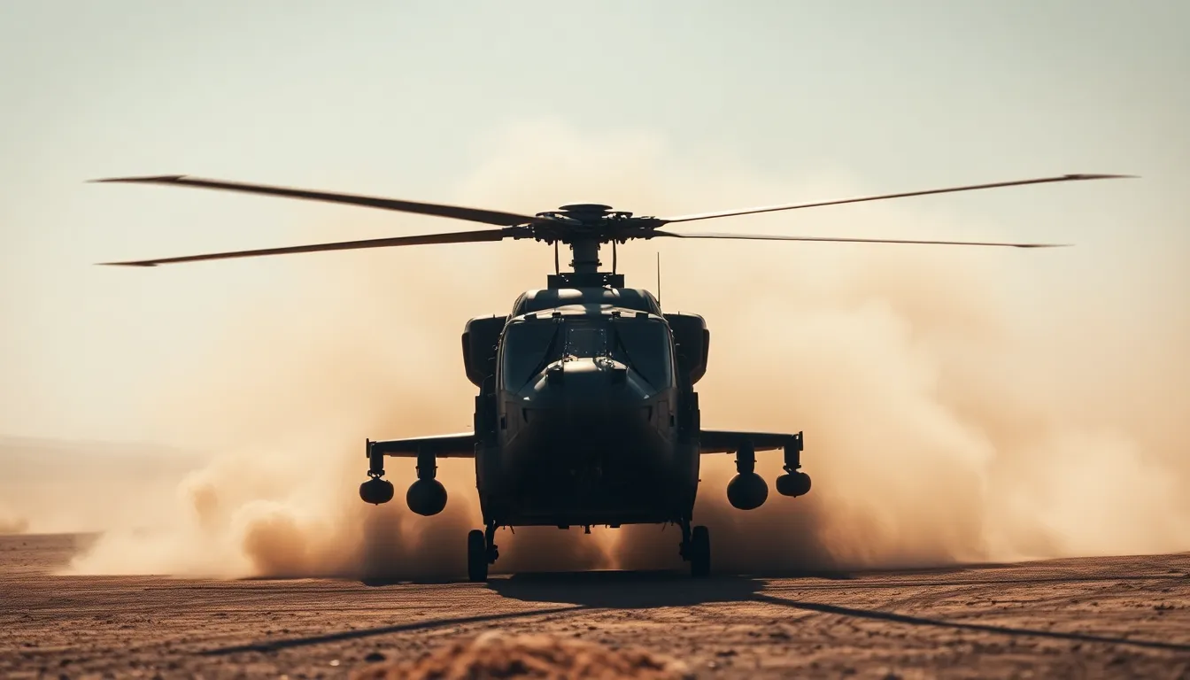 This powerful image depicts a military helicopter landing on a dusty training ground under the harsh midday sun. The sharp contrasts of light and shadow emphasize the ruggedness of the scene, while swirling dust creates an atmosphere of action. The color palette consists of muted earth tones, giving a realistic portrayal of the helicopter's operational environment. The centered composition draws the viewer's eye directly to the aircraft, reinforcing its dominance in the frame.
