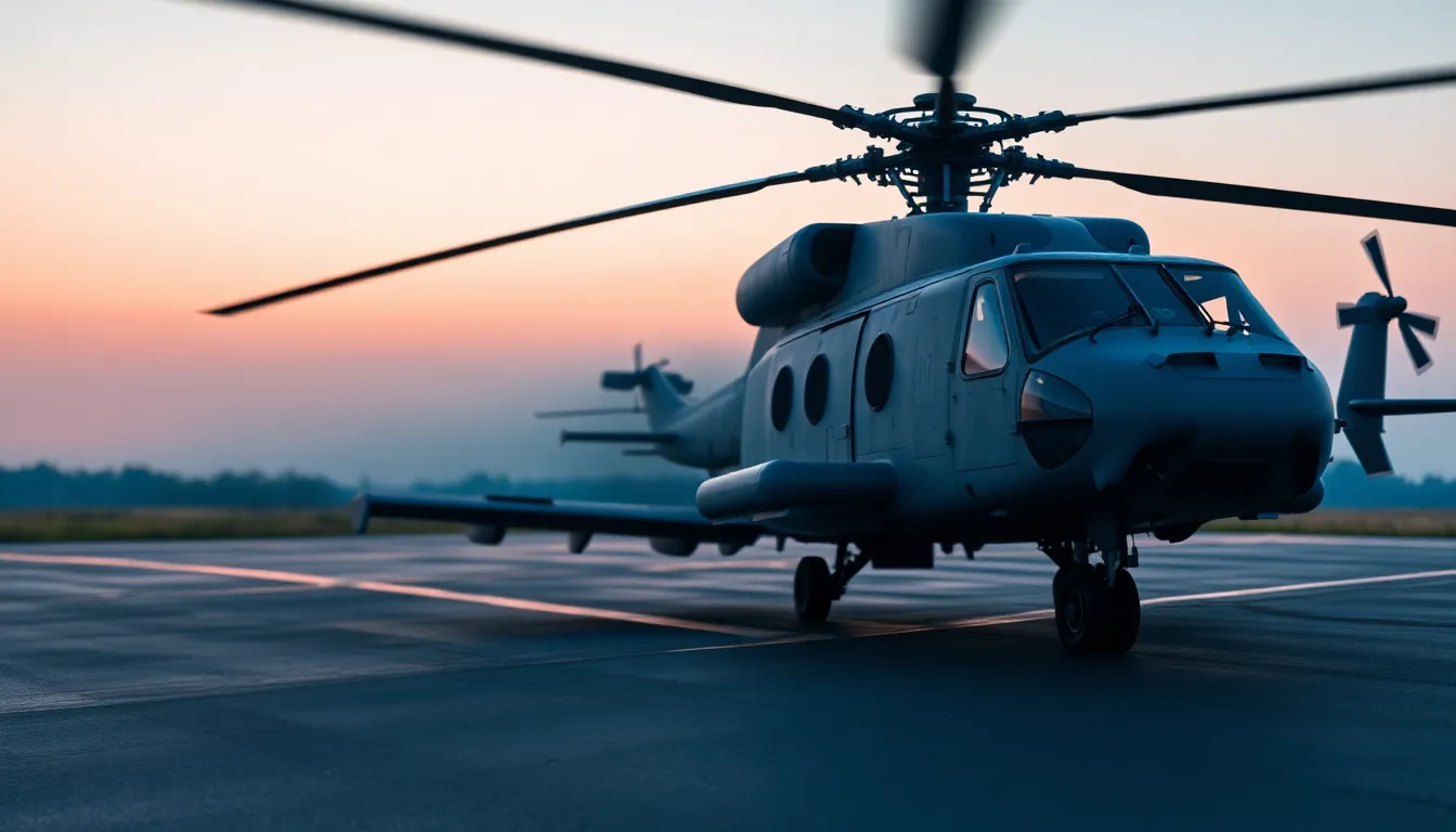 This stunning image captures a military helicopter poised for takeoff at dawn, enveloped in soft blue and pink hues. The macro focus reveals intricate details of the helicopter, showcasing its robust construction against a blurred background. The low-angle perspective accentuates the helicopter's power and majesty, while the wet asphalt runway reflects the delicate morning light, adding depth to the scene. The overall mood conveys anticipation and readiness for action.