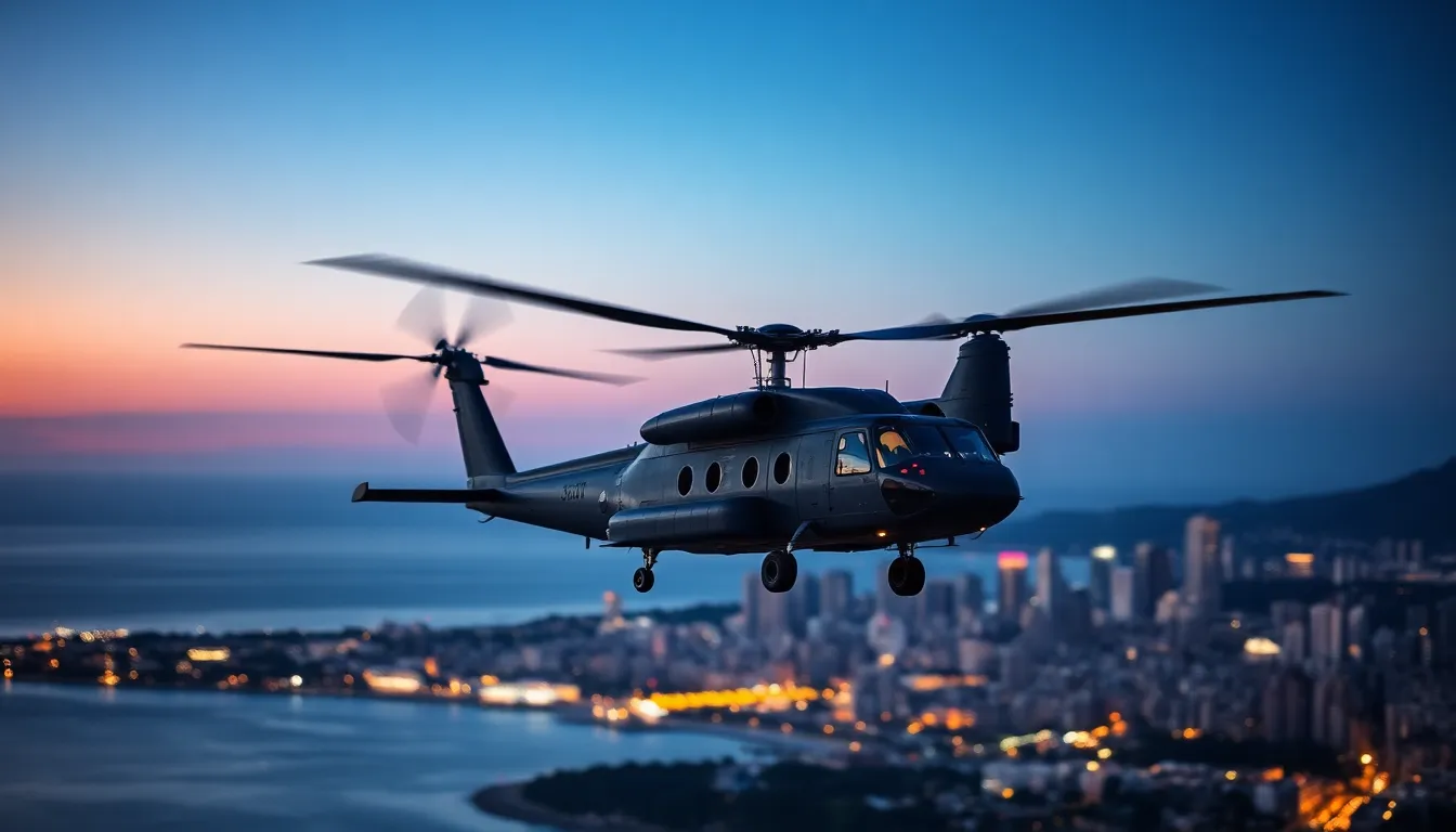This dynamic photograph depicts a Sikorsky CH-53E Super Stallion performing a low flyby over a coastal city as twilight descends. The vibrant city lights reflect off the water, blending beautifully with the soft dusk colors of the sky. With a selective focus that emphasizes the helicopter, the image creates a sense of movement and excitement. The symmetrical composition captures the grandeur of military aviation against an urban skyline, making it a striking representation of power and grace.