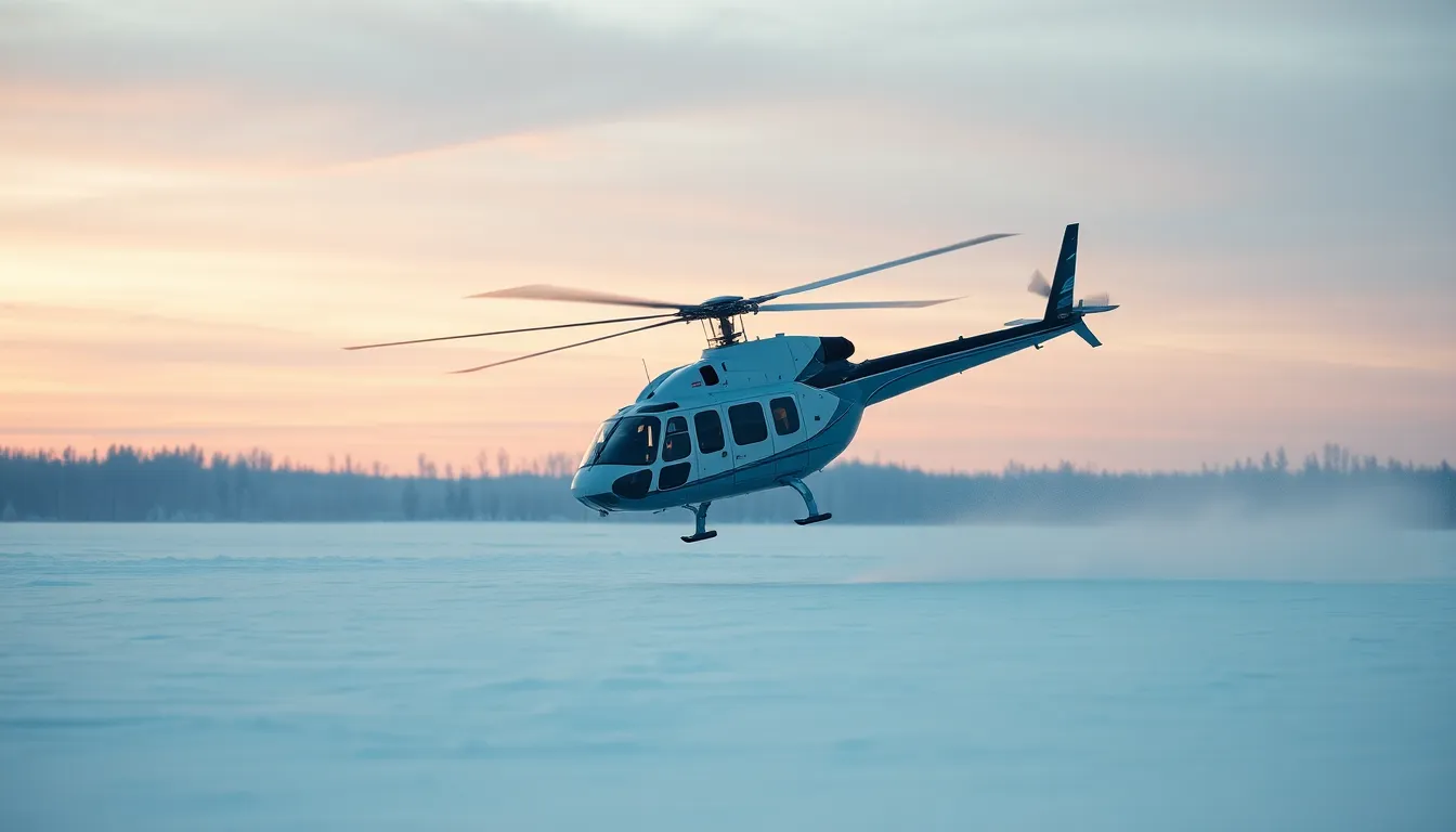 This breathtaking photo captures an MI-24 Hind helicopter taking off from a tranquil snowy landscape at dawn. The soft pastel colors of the sunrise illuminate the glistening snow, creating a serene and magical atmosphere. With the helicopter sharply focused, the image conveys a sense of action amidst a calm winter setting. The centered composition enhances the visual impact of military aviation in a breathtaking natural environment, making it a vivid representation of strength and beauty.
