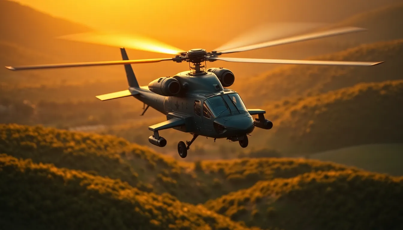 A stunning capture of a U.S. Army Apache helicopter hovering above a vibrant green valley during golden hour. The helicopter shines with metallic reflections, set against the warm, soft light filtering through clouds. The shallow depth of field isolates the aircraft amidst a beautifully blurred landscape. This image encapsulates the power and grace of military aviation in a picturesque natural setting.
