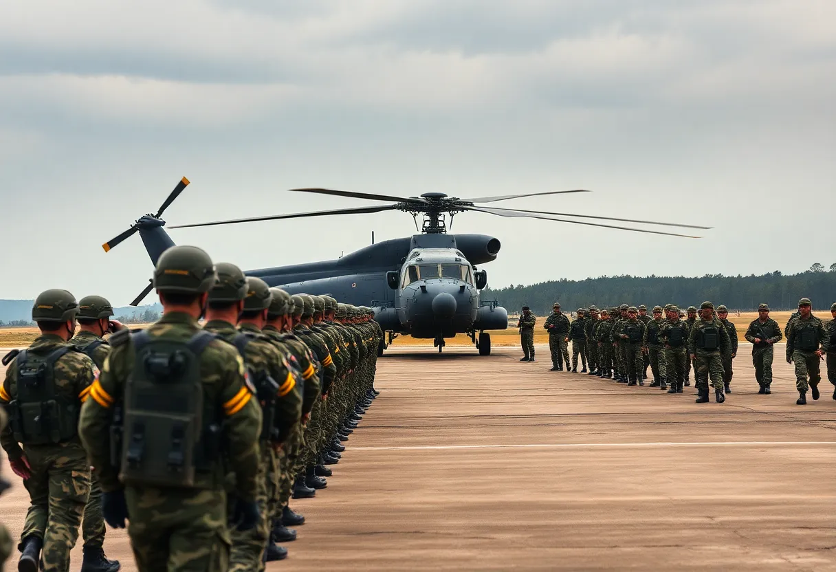This image features a military helicopter stationed on a training ground, surrounded by soldiers preparing for an upcoming mission. The overcast sky provides optimal lighting, ensuring that details are sharp and clear. The muted color palette blends seamlessly with the natural surroundings, creating a cohesive and immersive military atmosphere. The soldiers' formations lead the gaze toward the helicopter, embodying the spirit of collaboration and readiness in military operations.
