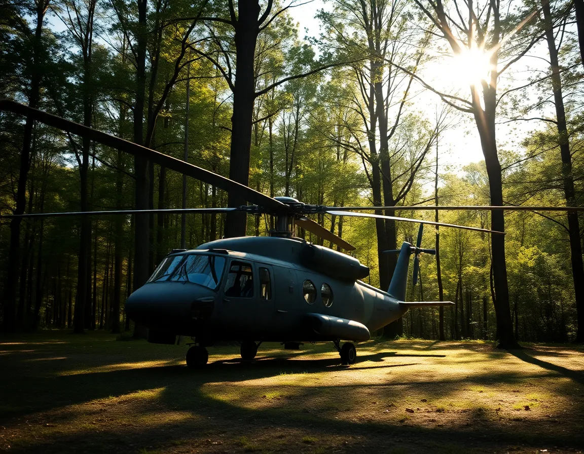 A military helicopter rests in a serene forest clearing, with sunlight filtering through the trees to create dappled patterns on the ground. The vibrant colors capture the rich earth and foliage, while the helicopter's camouflage pattern blends seamlessly with its environment. The use of shallow depth of field enhances the focus on the helicopter, and the rule of thirds composition creates a balanced yet dynamic view. This image encapsulates the blend of man-made craftsmanship within nature.