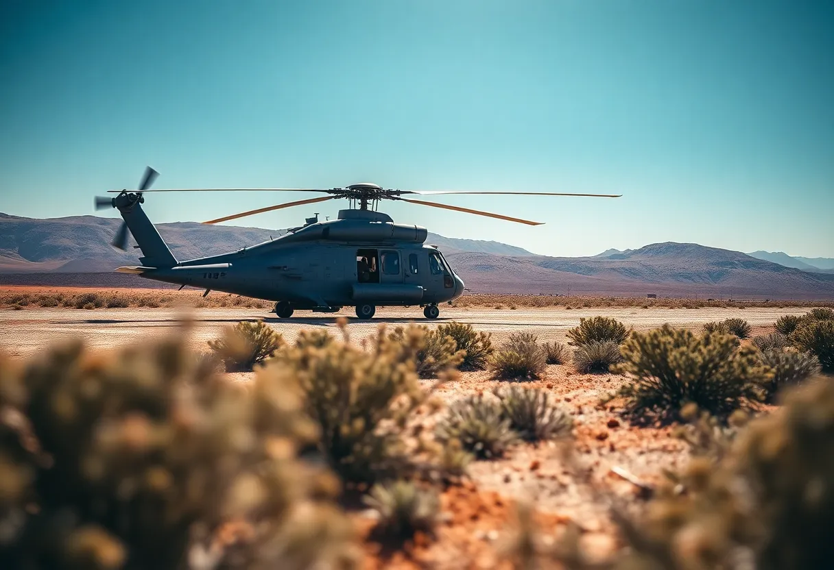 This captivating image captures a military helicopter taking off from a coastal base at sunrise, bathed in the warm light of the morning sun. The vibrant colors of the sky—rich oranges and yellows—reflect beautifully on the calm waters below. With a sharp focus from the helicopter to the horizon, the composition draws the viewer in, highlighting the powerful ascent against a stunning natural backdrop. This image encapsulates the spirit of military operations in dynamic environments.