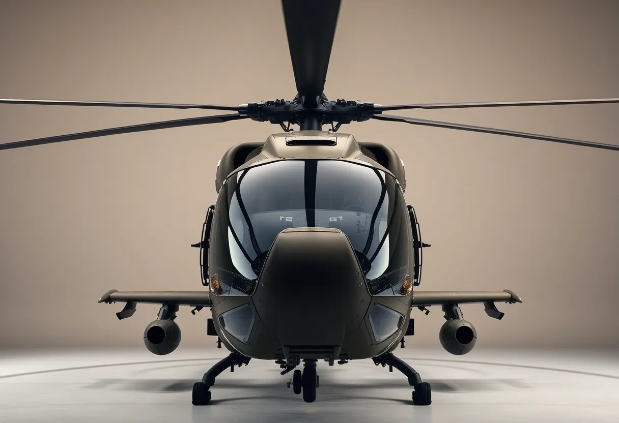 In this meticulously lit studio shot, a military helicopter is presented with striking clarity and detail. The soft, directional lighting highlights the sleek contours of its fuselage, while the hyperfocal distance keeps every aspect in sharp focus. The muted color palette enhances the seriousness of the military subject, drawing attention to the intricate cockpit and rotor blades. The symmetrical composition balances the image, making it perfect for showcasing advanced aviation technology.