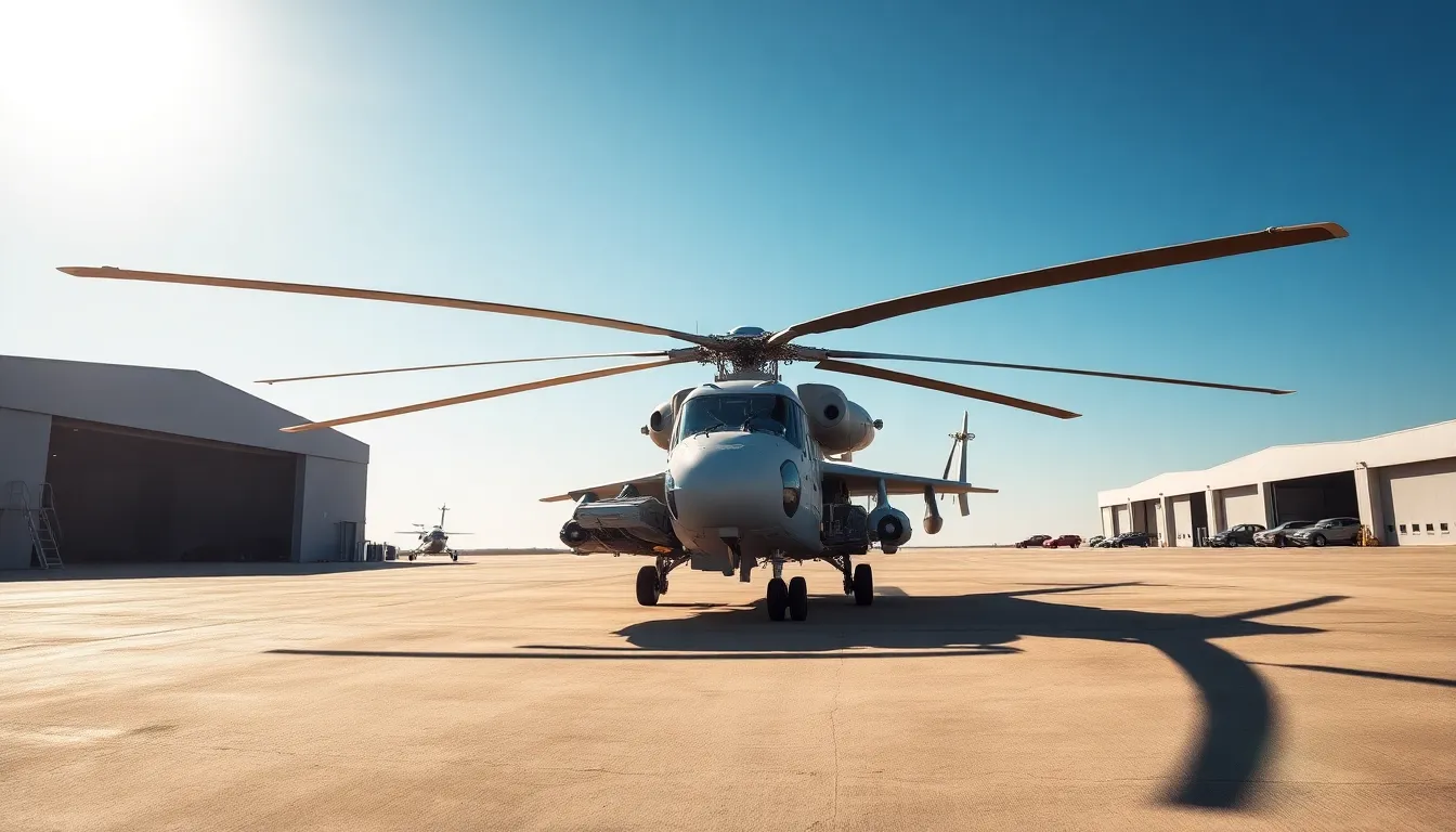 This vivid image captures a military helicopter stationed on a tarmac, perfectly framed under a clear blue sky. Bright sunlight highlights the aircraft's metallic textures, revealing intricate details and sharp shadows. A hyperfocal depth of field ensures every element is crisply defined, from the helicopter to the distant hangars. The composition uses leading lines of the tarmac to guide the eye, enhancing the scene's dynamic and inviting feel.