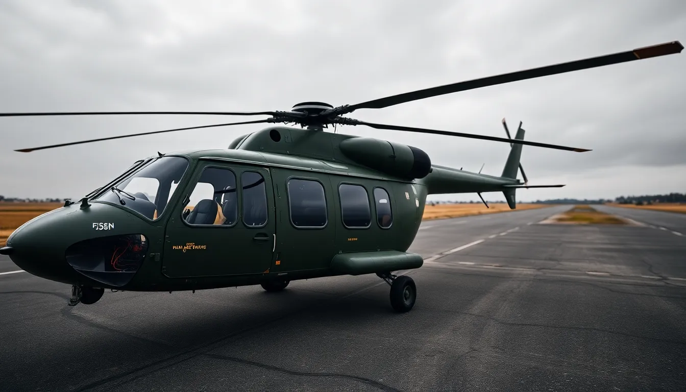 A military helicopter is prominently displayed on an airfield, captured under soft, diffused daylight. The aircraft's rugged surface is evident, showcasing wear from past missions. The muted colors of gray and green harmonize with the cloudy backdrop, enhancing its imposing presence. The composition emphasizes the helicopter through a dynamic angle, while the background remains softly blurred, drawing the viewer's focus to the intricate details of the aircraft.