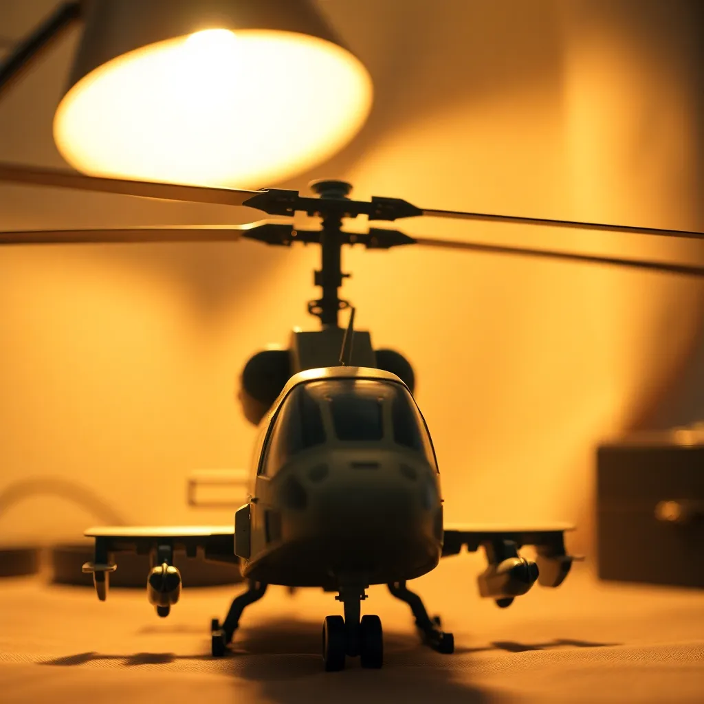 An intimate shot of an indoor model of a military helicopter, illuminated by a warm tungsten light. The selective focus draws attention to the rotor, showcasing its intricate design against a smoothly blurred background. The warm color palette lends a soft, inviting atmosphere to the scene. Leading lines from the base of the model effectively guide the viewer's eye, while the texture contrasts between the model and the fabric backdrop create depth.