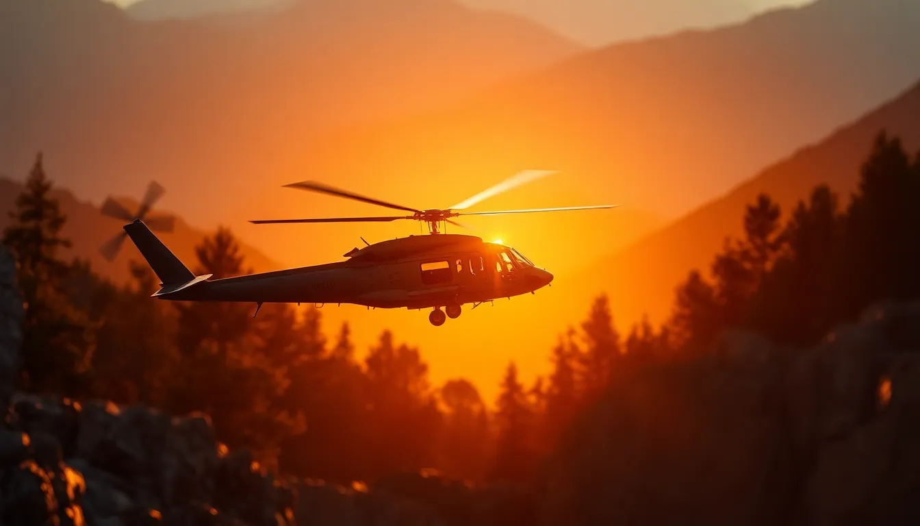 A military helicopter gracefully hovers over a breathtaking mountainous landscape at sunset. The scene captures the dynamic interplay of warm golden hour light reflecting off the aircraft, contrasting beautifully against the deep blue hues of the sky and distant peaks. The foreground features soft-focus greenery, enhancing the depth of the image. This composition highlights the rugged beauty of nature alongside advanced military technology.
