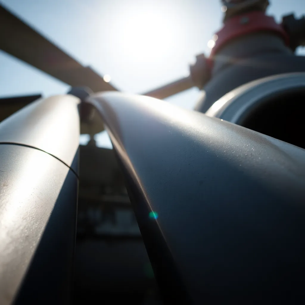 An intense close-up of military helicopter blades gleams under bright sunlight, showcasing the intricate textures and reflective surfaces. Each scratch and scuff tells a story of service, enhanced by the rich metallic blues and grays of the image. The shallow depth of field creates a dreamlike bokeh, drawing attention to the blades' sharp edges and contours. The dynamic composition immerses the viewer in the power and precision of military technology, evoking a sense of awe.