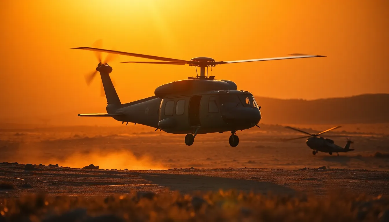 This image captures a military helicopter landing on rugged terrain, illuminated by the warm glow of the golden hour. The sunlight creates dramatic shadows and enhances the earthy tones of the surrounding landscape. The helicopter stands out in sharp focus as it descends, showcasing its operational prowess. This photograph encapsulates the intersection of technology and nature, highlighting the beauty and functionality of military aviation in challenging environments.